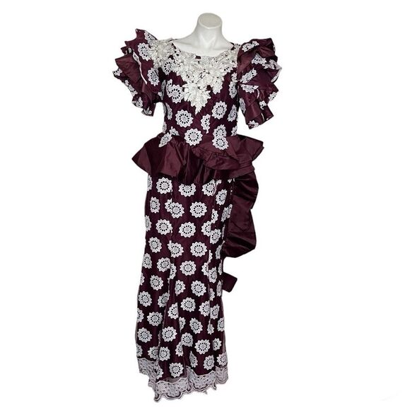 HANDMADE Lace African Style Formal Top Skirt Burgundy White Hand Crafted - Picture 1 of 13